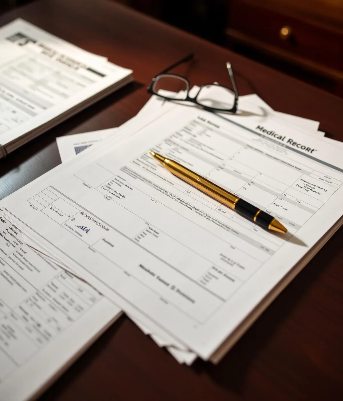 Medical records and lab reports organized on a consulting desk